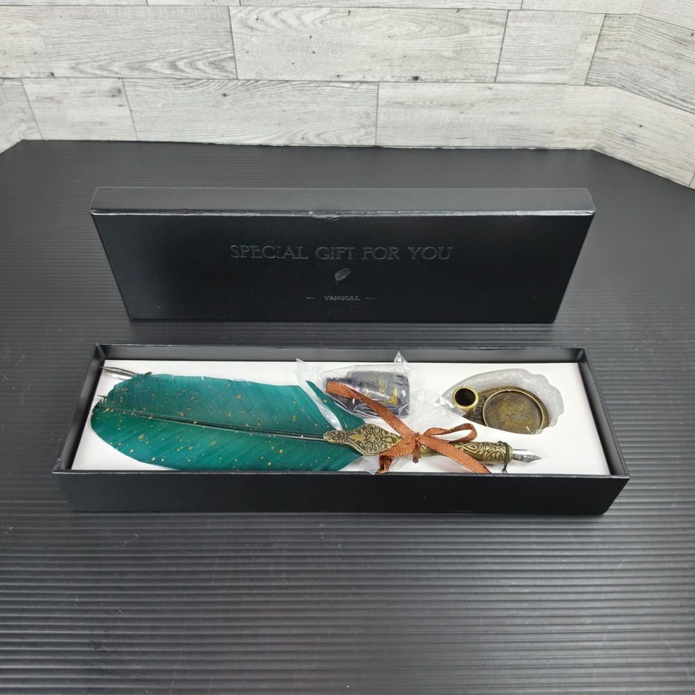 Vangoal Feather Quill Pen and Ink Set Emerald Green Gold Flecked Calligraphy Kit